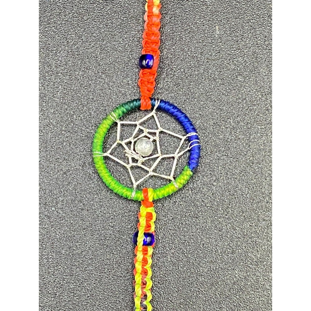Rainbow and Silver Tone Dreamcatcher Adjustable Handwoven Bracelet